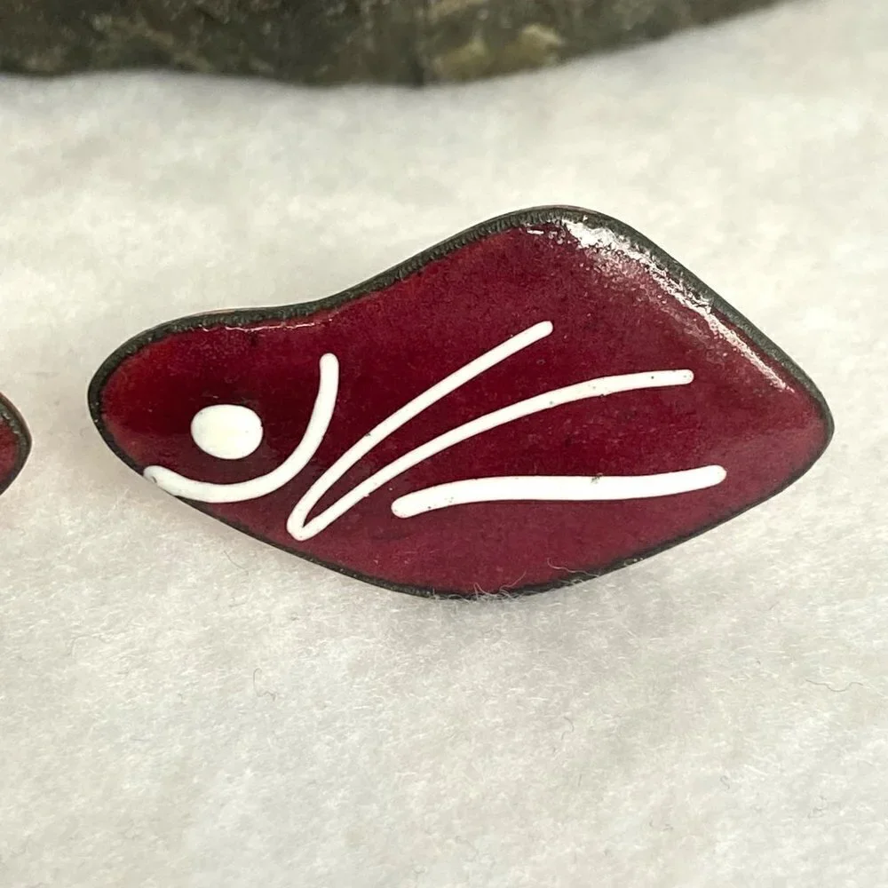 Vintage Modernist Copper Red White Enamel Fish Cuff Links READ DESCRIPTION